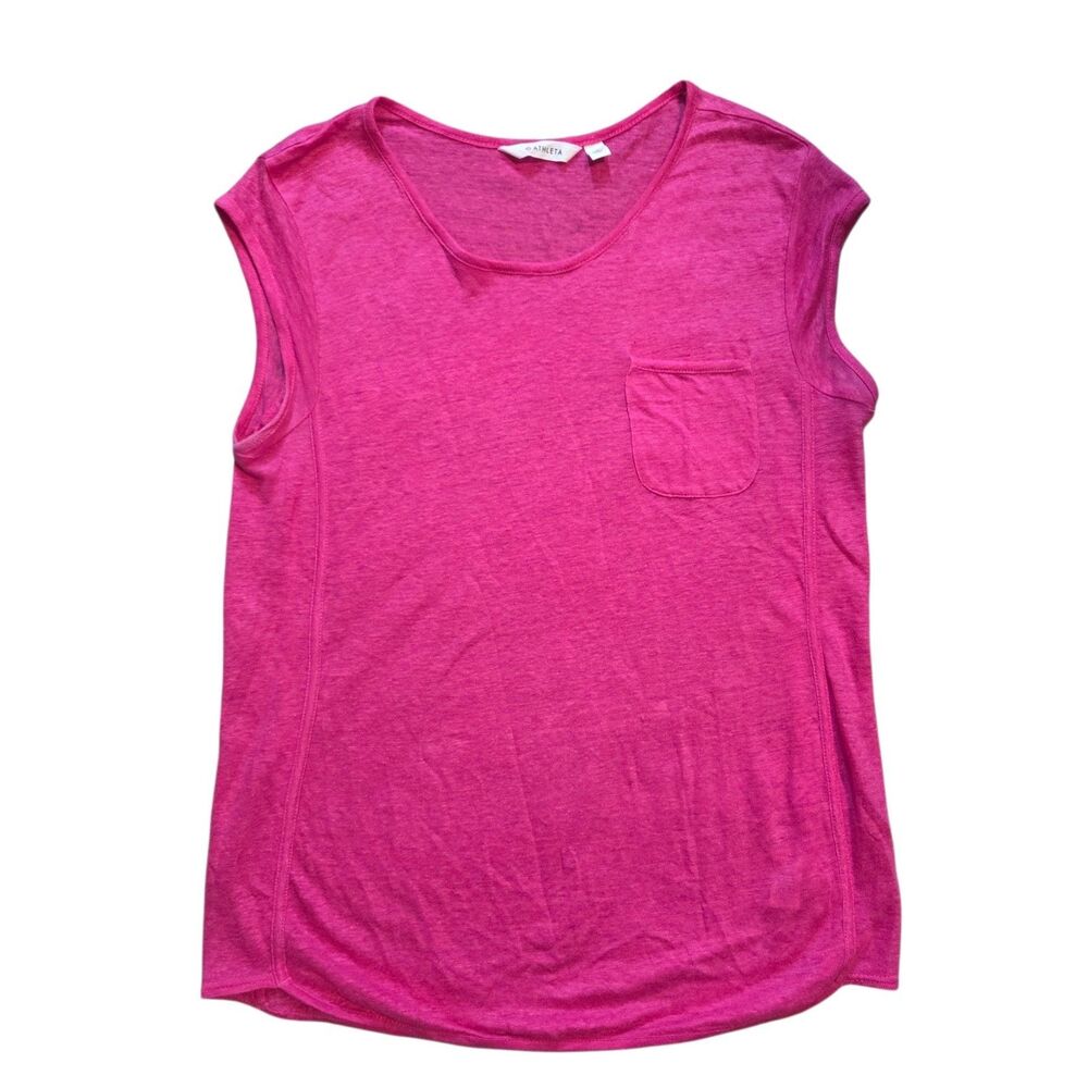 Athleta Newport Tee 100% Linen Paradise Pink Cap Sleeve Pocket Top - Size S